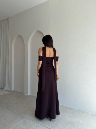  ADOBE Fularlı Maxi Elbise 5496 - Mürdüm - 3