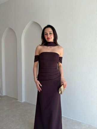  ADOBE Fularlı Maxi Elbise 5496 - Mürdüm - 2