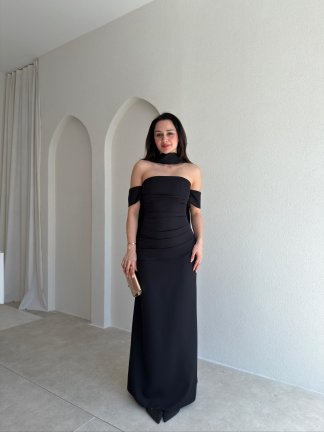 ADOBE Fularlı Maxi Elbise 5496 - Siyah 