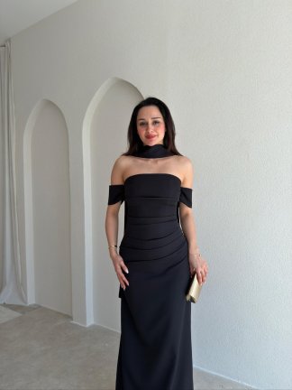 ADOBE Fularlı Maxi Elbise 5496 - Siyah - 2