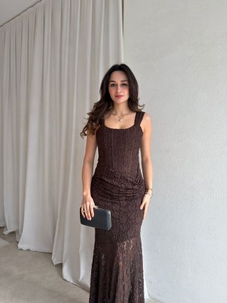 AFTER Maxi Dantelli Elbise 8886 - Acı Kahve 