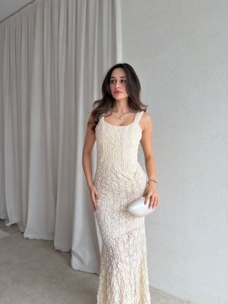 AFTER Maxi Dantelli Elbise 8886 - Krem - 1