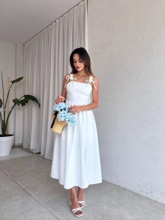 AGAPE Midi Elbise 8597 - Beyaz - 1