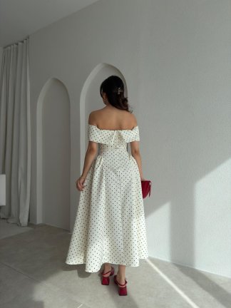 ALAVES Puantiyeli Midi Elbise 8995 - Ekru - 3