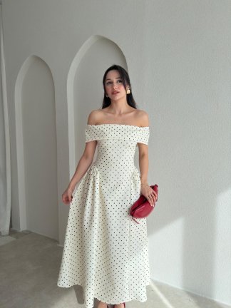 ALAVES Puantiyeli Midi Elbise 8995 - Ekru 