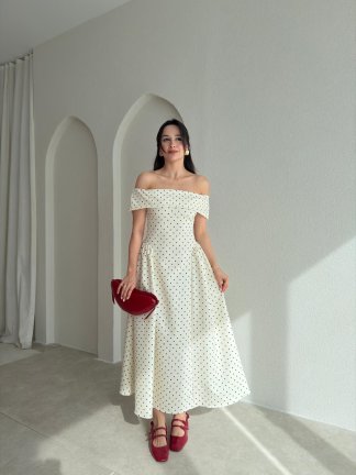 ALAVES Puantiyeli Midi Elbise 8995 - Ekru - 2