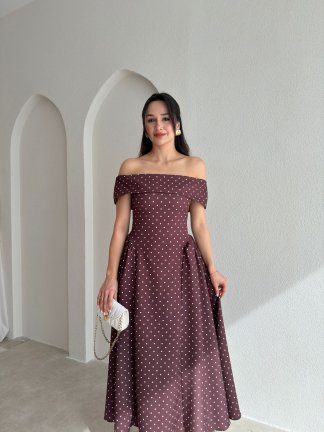 ALAVES Puantiyeli Midi Elbise 8995 - Kahverengi - 2