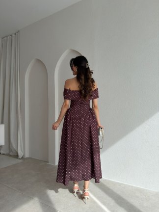 ALAVES Puantiyeli Midi Elbise 8995 - Kahverengi - 4