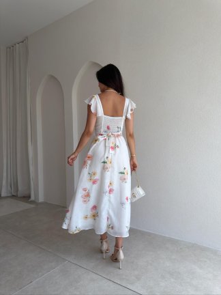 ALBA Çiçekli Midi Elbise 8257 - Beyaz - 3