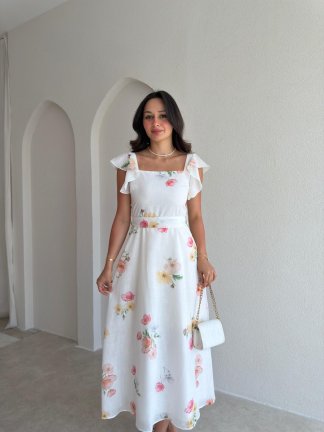 ALBA Çiçekli Midi Elbise 8257 - Beyaz 