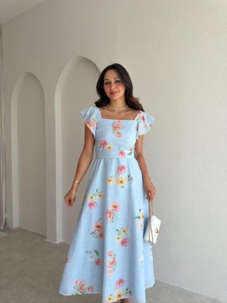 ALBA Çiçekli Midi Elbise 8257 - Mavi - 1