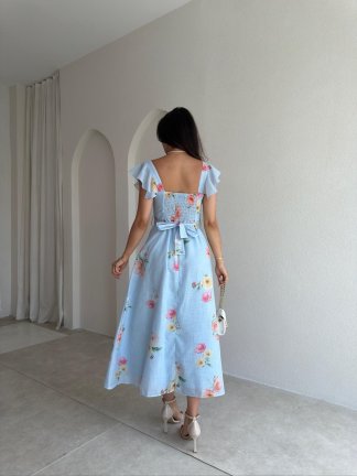 ALBA Çiçekli Midi Elbise 8257 - Mavi - 3
