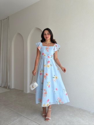 ALBA Çiçekli Midi Elbise 8257 - Mavi - 2