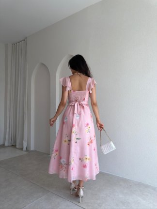 ALBA Çiçekli Midi Elbise 8257 - Pembe - 2
