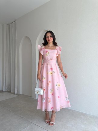  ALBA Çiçekli Midi Elbise 8257 - Pembe - 3
