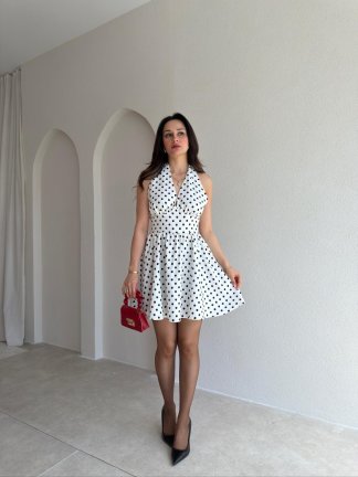 ALİEN Puantiyeli Mini Elbise 1111 - Beyaz 