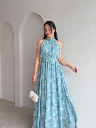 ALMEDA Halter Yaka Çiçekli Elbise 5982 - Mavi - 2