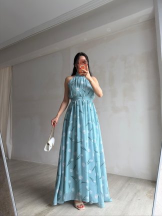 ALMEDA Halter Yaka Çiçekli Elbise 5982 - Mavi - 4