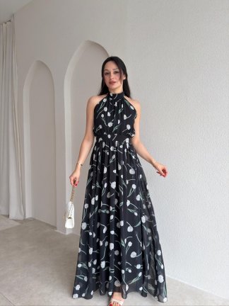 ALMEDA Halter Yaka Çiçekli Elbise 5982 - Siyah - 2