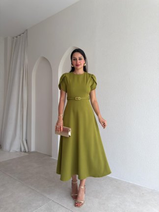 ALORAH Kemerli Midi Elbise 3679 - Yağ Yeşili 