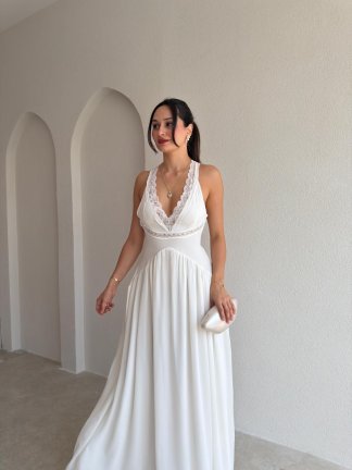 AMORA Dantel Detaylı Maxi Elbise 6894 - Beyaz - 2