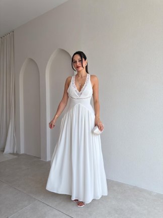 AMORA Dantel Detaylı Maxi Elbise 6894 - Beyaz - 1