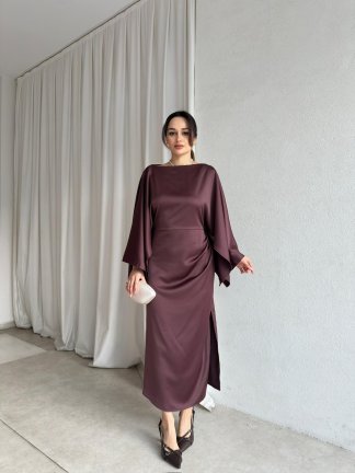 APEROL Saten Midi Elbise 8306 - Acı Kahve 