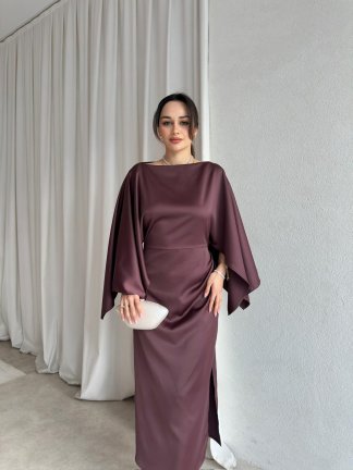 APEROL Saten Midi Elbise 8306 - Acı Kahve - 4