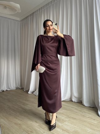 APEROL Saten Midi Elbise 8306 - Acı Kahve - 2