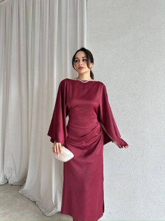 APEROL Saten Midi Elbise 8306 - Bordo - 3