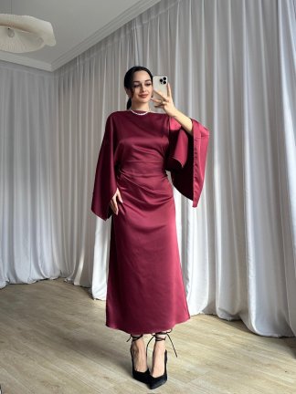 APEROL Saten Midi Elbise 8306 - Bordo - 2