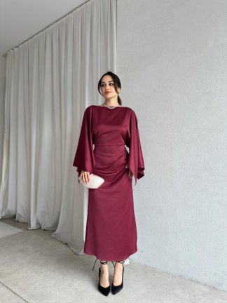 APEROL Saten Midi Elbise 8306 - Bordo 
