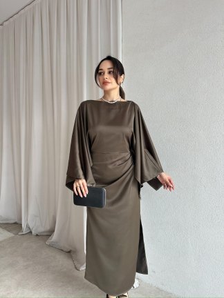  APEROL Saten Midi Elbise 8306 - Haki - 2