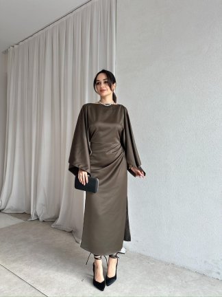  APEROL Saten Midi Elbise 8306 - Haki 