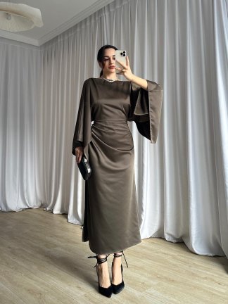  APEROL Saten Midi Elbise 8306 - Haki - 4