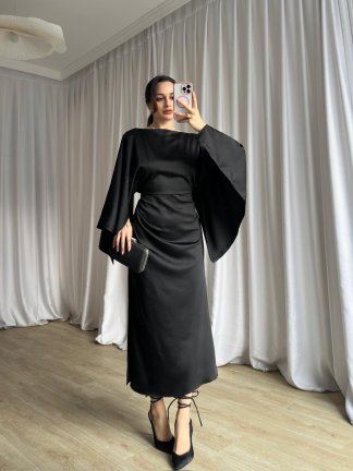 APEROL Saten Midi Elbise 8306 - Siyah - 2