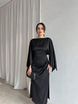 APEROL Saten Midi Elbise 8306 - Siyah - 4