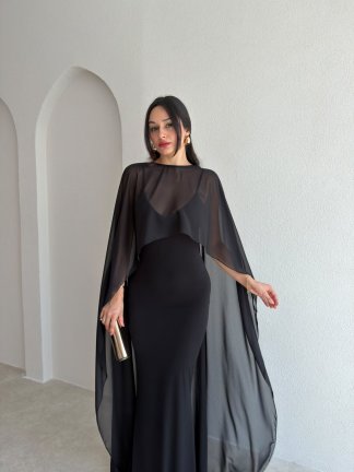 APRİL Pelerinli Maxi Elbise 3258 - Siyah - 2