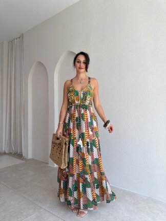 ARDES Desenli Maxi Elbise 3719 - Krem Rengi 