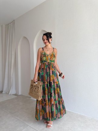 ARDES Desenli Maxi Elbise 3719 - Siyah - 1