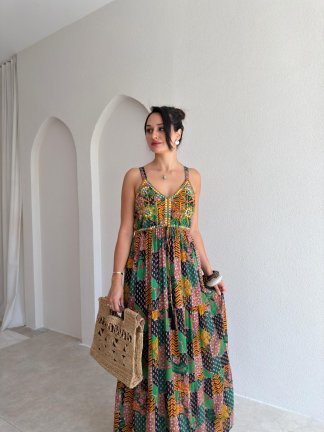ARDES Desenli Maxi Elbise 3719 - Siyah - 2