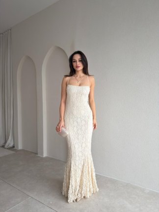 ARİANA Sırt Dekolteli Maxi Elbise 8734 - Ekru 