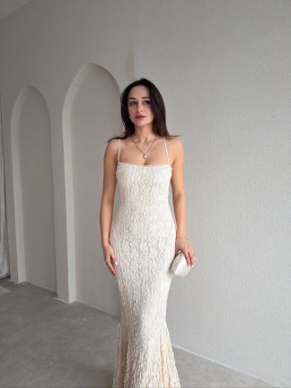 ARİANA Sırt Dekolteli Maxi Elbise 8734 - Ekru - 4