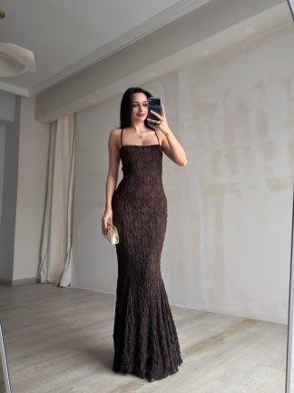 ARİANA Sırt Dekolteli Maxi Elbise 8734 - Acı Kahve - 3