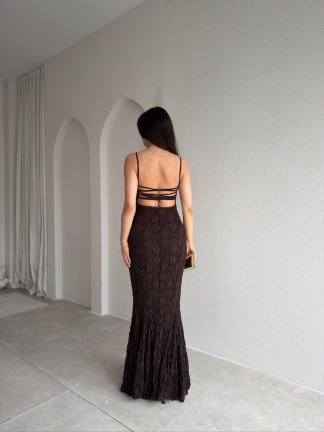 ARİANA Sırt Dekolteli Maxi Elbise 8734 - Acı Kahve - 2