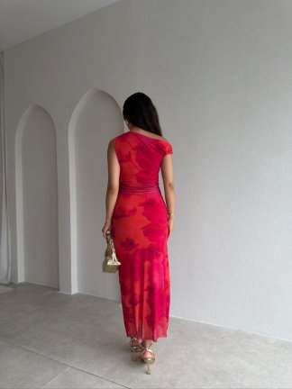 ARİSTO Desenli Midi Elbise 3691 - Nar Çiçeği - 3