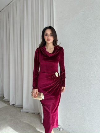 ARWEN Kadife Midi Elbise 8709 - Bordo - 1