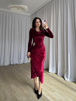 ARWEN Kadife Midi Elbise 8709 - Bordo - 2