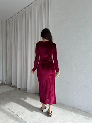 ARWEN Kadife Midi Elbise 8709 - Bordo - 3