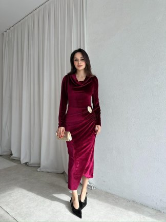 ARWEN Kadife Midi Elbise 8709 - Bordo - 4
